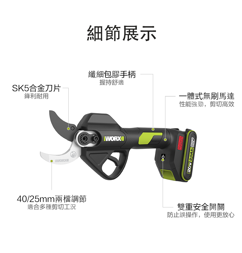 WORX 威克士 WU571 修枝剪細節：SK5 合金刀片、無刷馬達、雙重安全開關