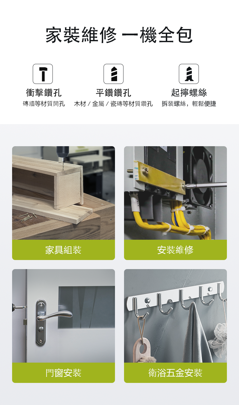 WORX 威克士 WU135T 12V 衝擊電鑽應用場景：傢俬組裝、安裝維修、門窗安裝、衛浴五金安裝
