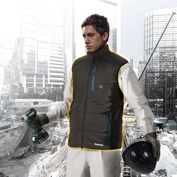 工人於地盤穿著 Makita DCV202YS 充電式發熱保暖背心