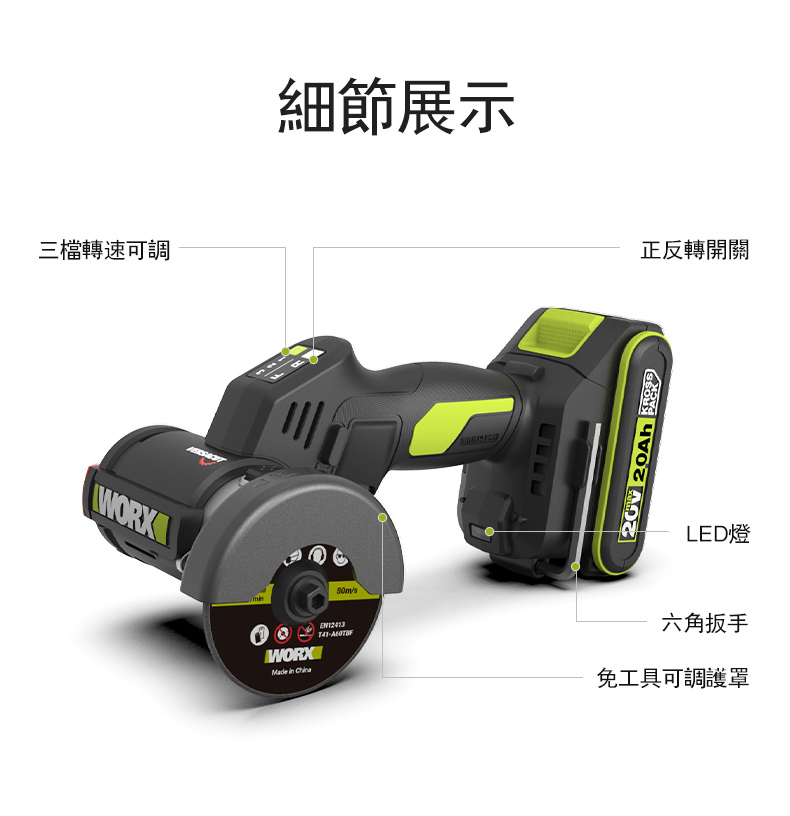 WORX WU802.9 detail view: three-speed dial, forward/reverse switch, LED light, on-board hex wrench and tool-free adjustable guard