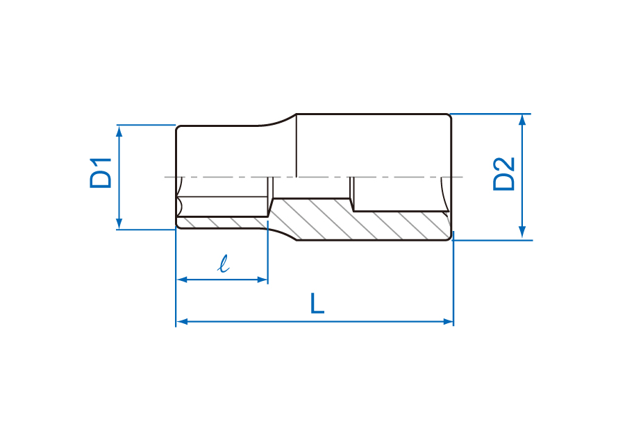 KING TONY 2375M-series socket section diagram with D1, D2, l and L labels; see exact 237510M specification table for values