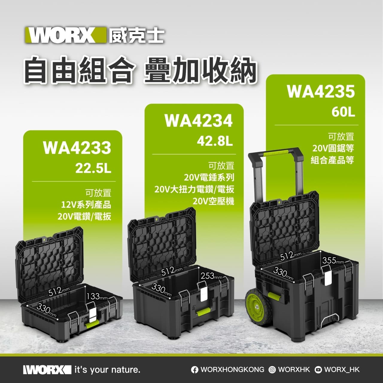WORX 威克士 WA4233、WA4234、WA4235 層疊工具箱容量與內部尺寸對照