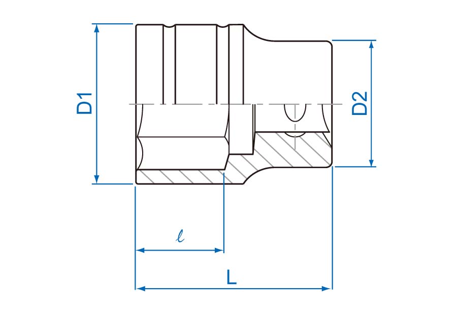 此圖僅用於說明標準套筒 D1、D2、l、L 尺寸符號,並非本款的等比例圖;433512S 實際尺寸請以下方規格表為準。
