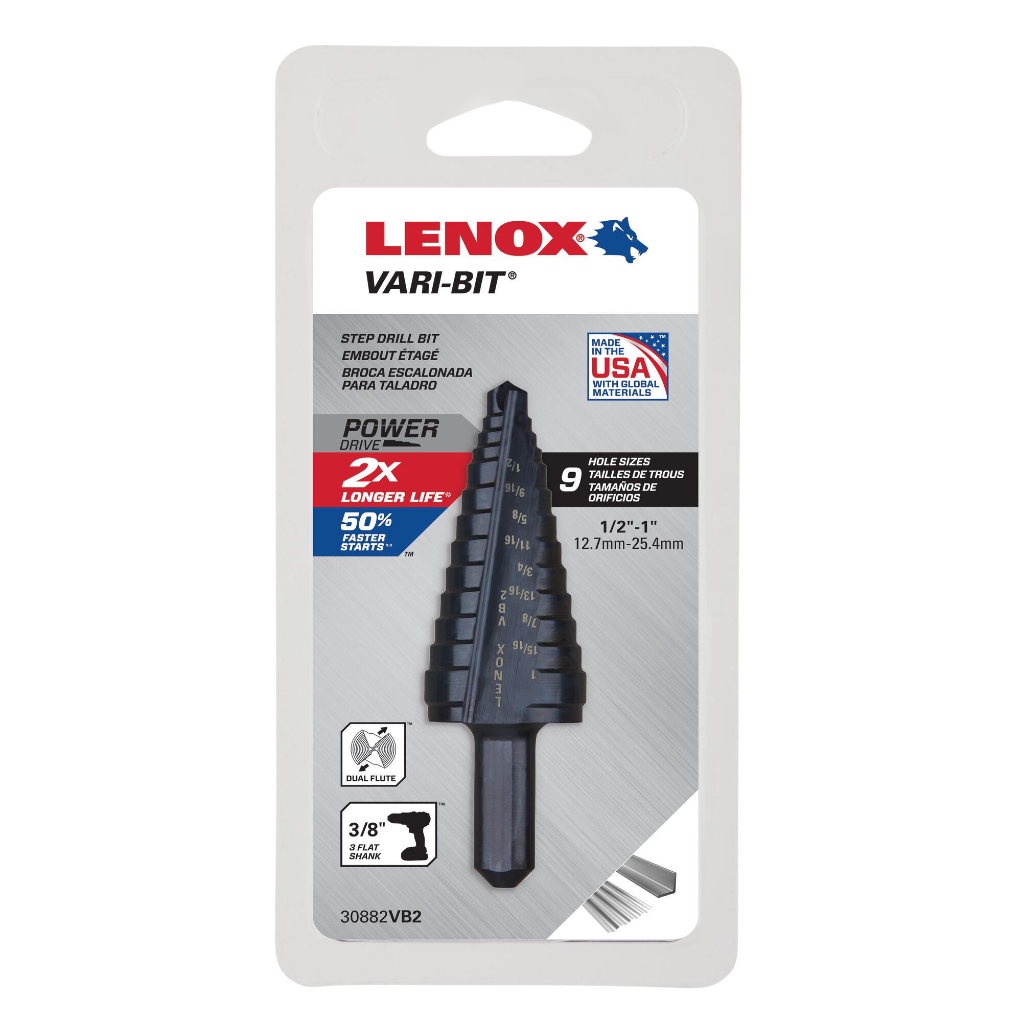 LENOX 狼牌 LE-30882VB2 VARI-BIT 階梯鑽 1/2 至 1 吋 9 段孔徑 原廠零售卡裝產品圖