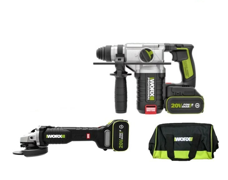 WORX WU934BAG.1 kit showing the WU388 brushless rotary hammer, WU805 brushless angle grinder, 20V batteries and WORX tool bag