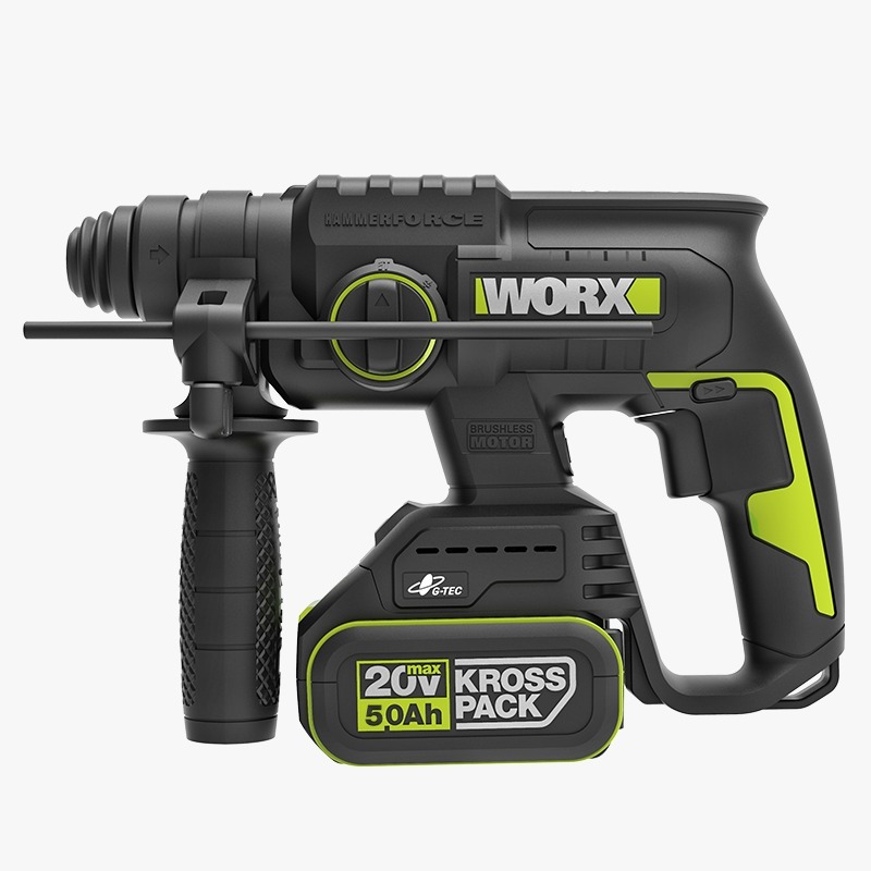 WORX WU387 20V brushless rotary hammer with 20V 5.0Ah battery and auxiliary handle