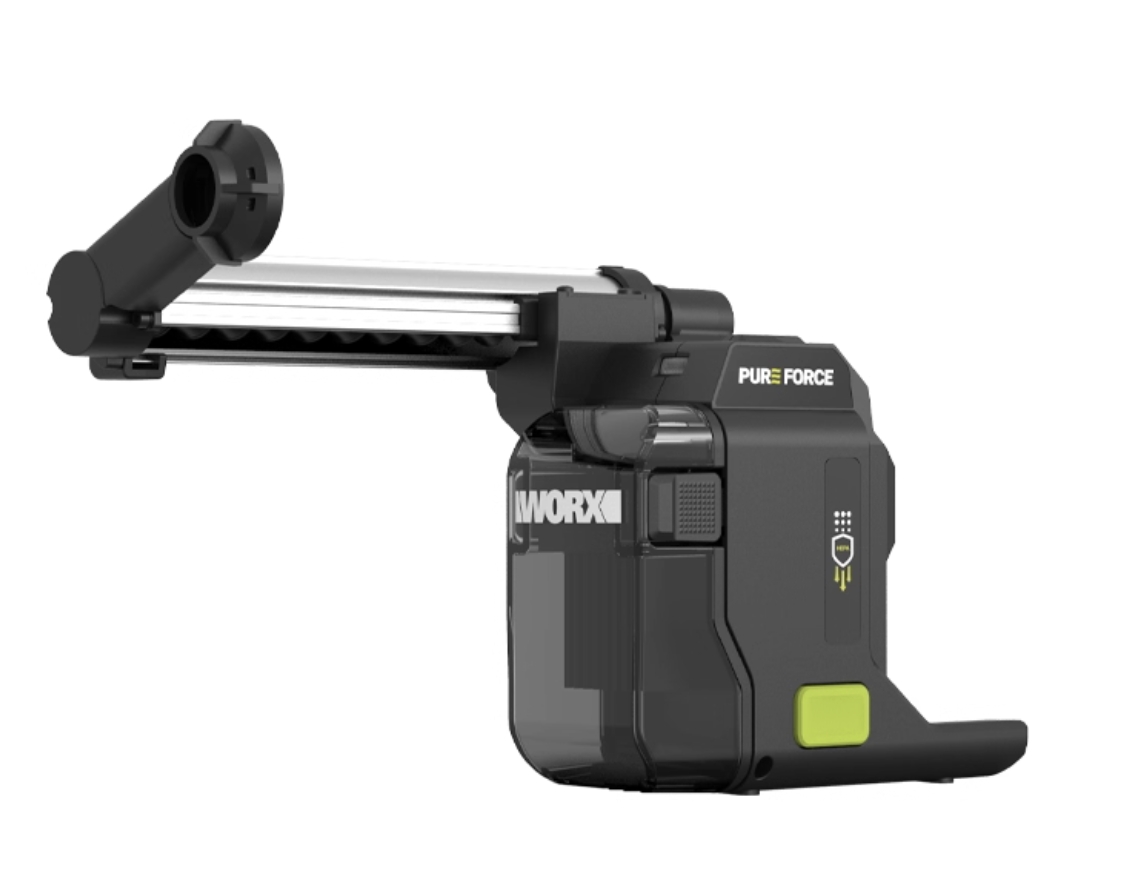 WORX 威克士 WA1603 電鎚集塵盒側面外觀，可見伸縮導桿、集塵杯及 HEPA 濾芯