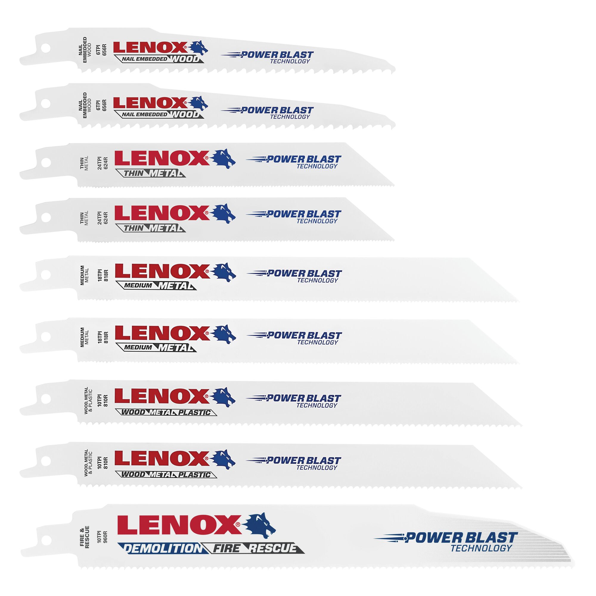 LENOX 狼牌 LE-T12143 9 件式軍刀鋸片套組九支鋸片與切削用途標示
