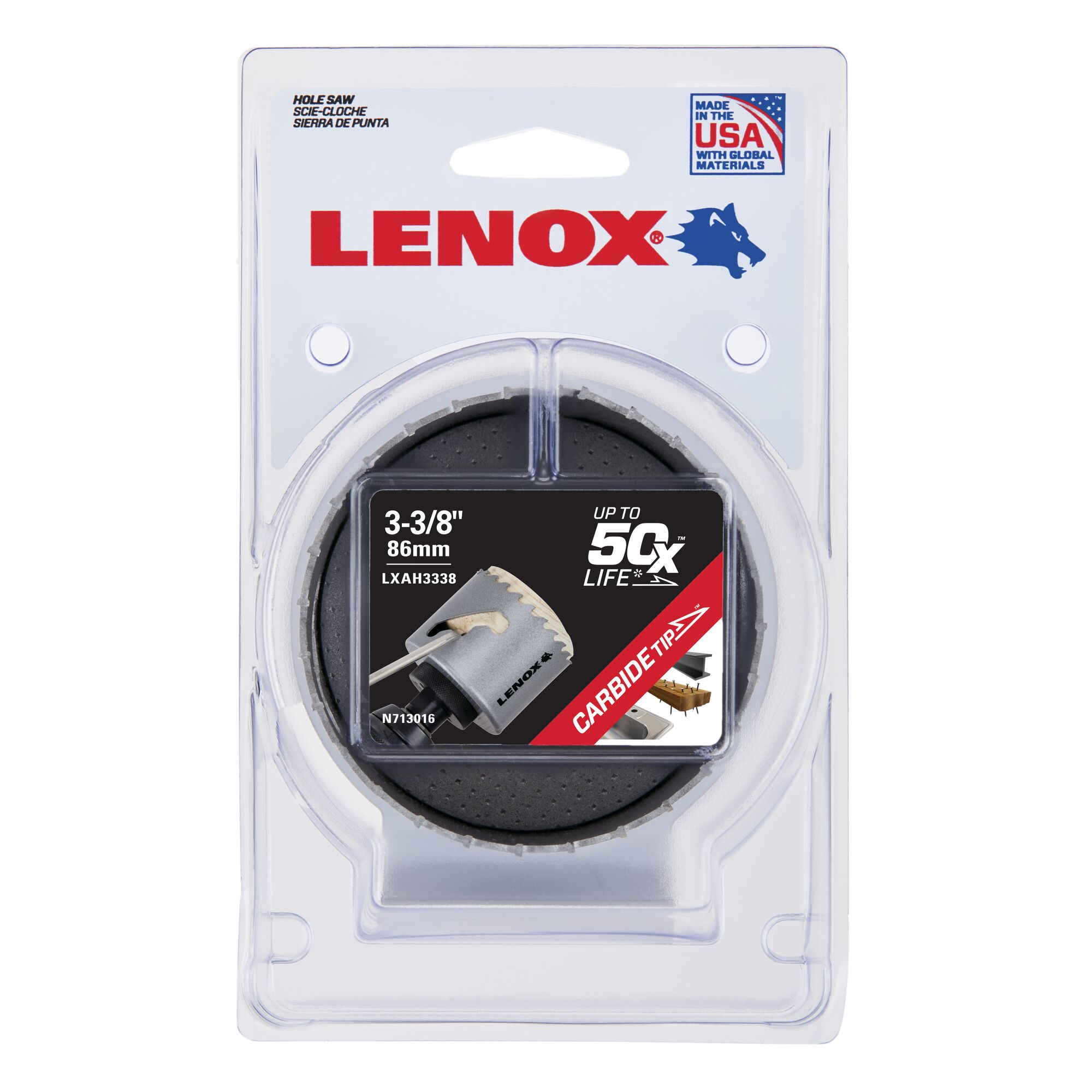LENOX 狼牌 LE-LXAH3338 50X 碳化鎢鋼圓穴鋸原廠吊卡包裝圖(標示 3-3/8 吋/86mm)