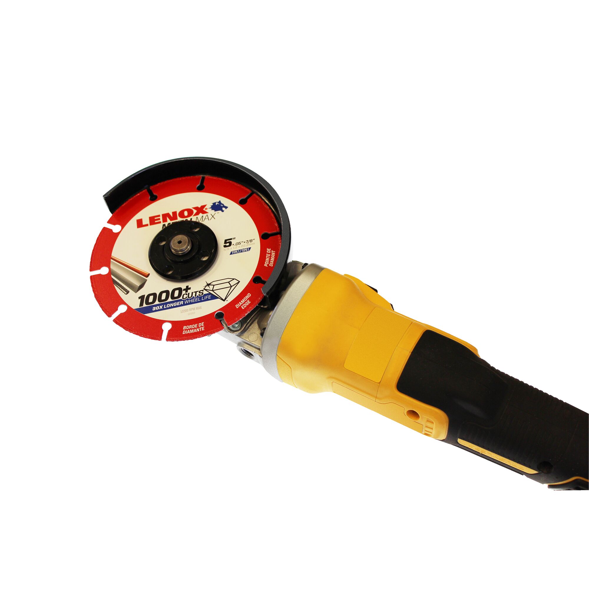 LENOX LE-1985492 METALMAX diamond edge cut-off wheel mounted on an angle grinder
