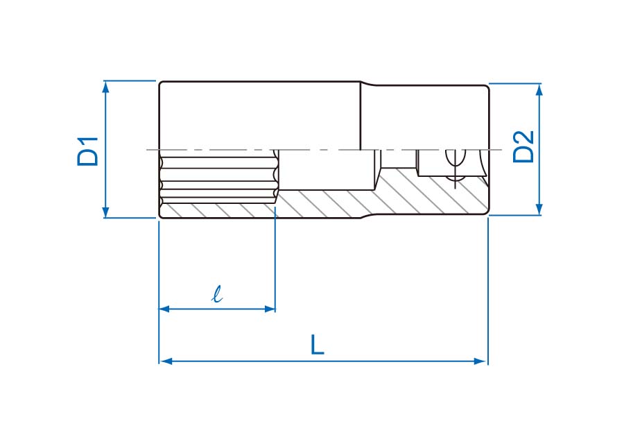 KING TONY 4230S-series socket section diagram identifying D1, D2, socket depth l and overall length L; actual 423032S values are in the specification table