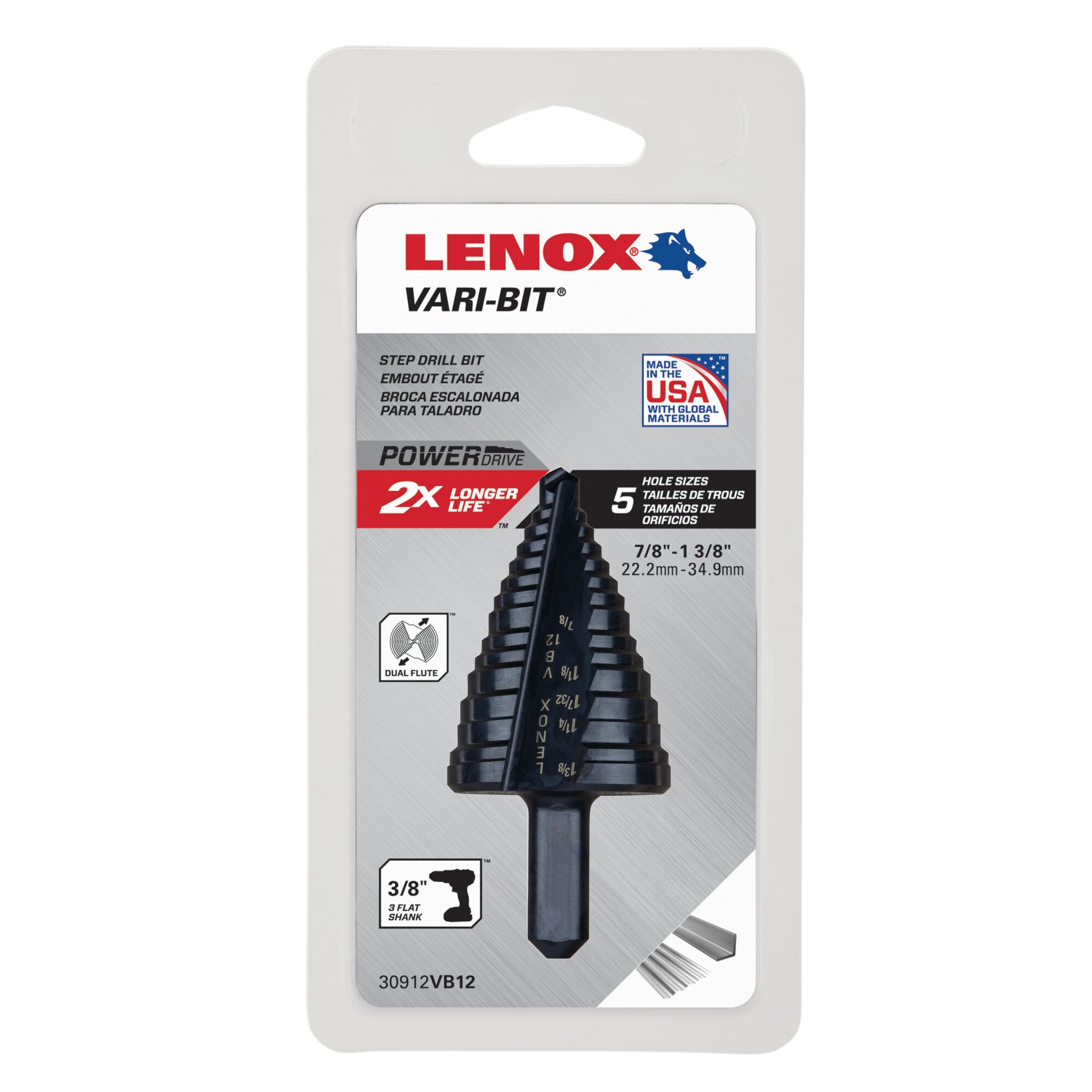 LENOX 狼牌 LE-30912VB12 VARI-BIT 階梯鑽 7/8-1-3/8 吋 5 孔徑原廠包裝