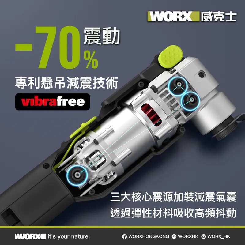 WORX WU698 patented vibrafree suspension anti-vibration system cutaway