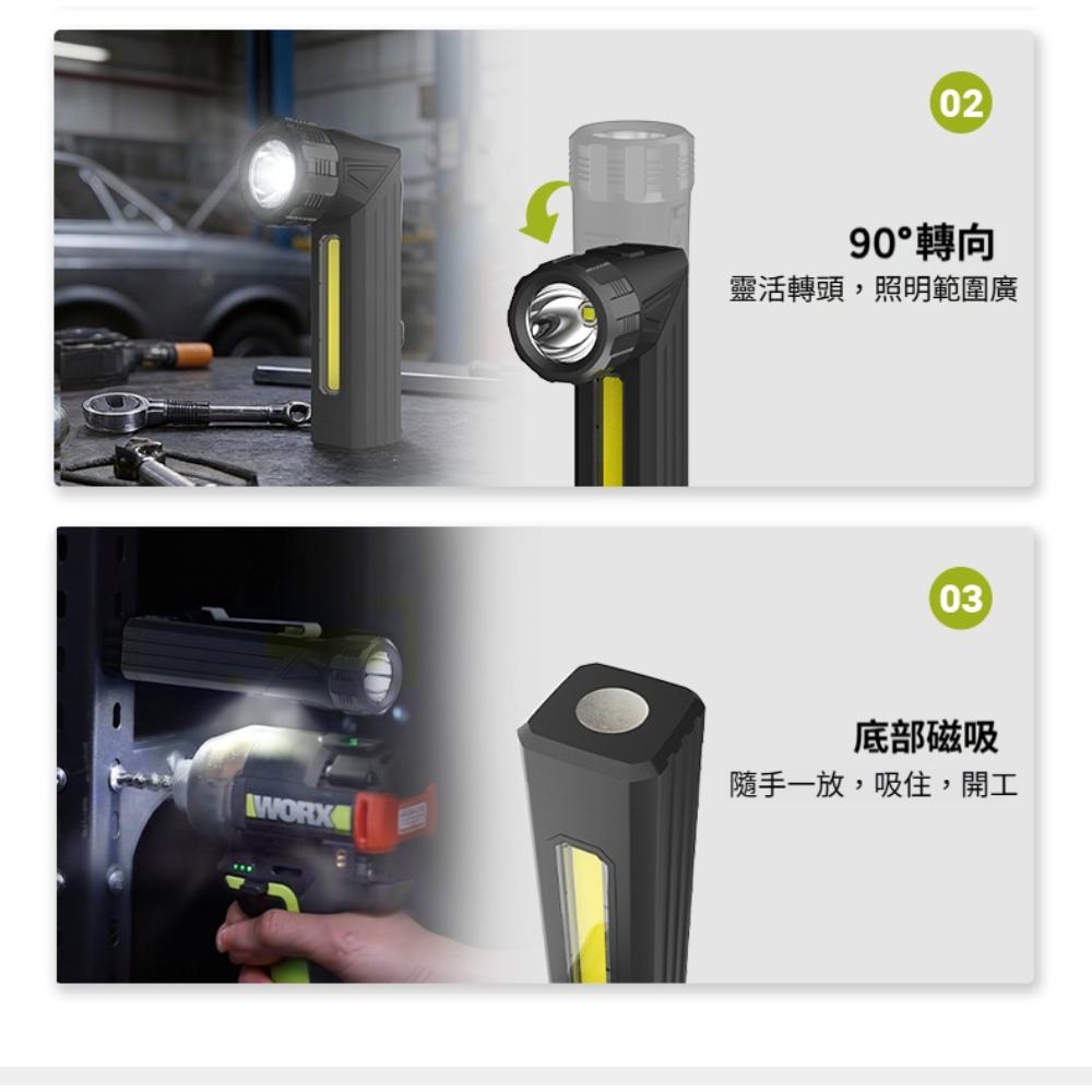 WORX 威克士 WA1650 90° 旋轉燈頭與底部磁吸功能示意
