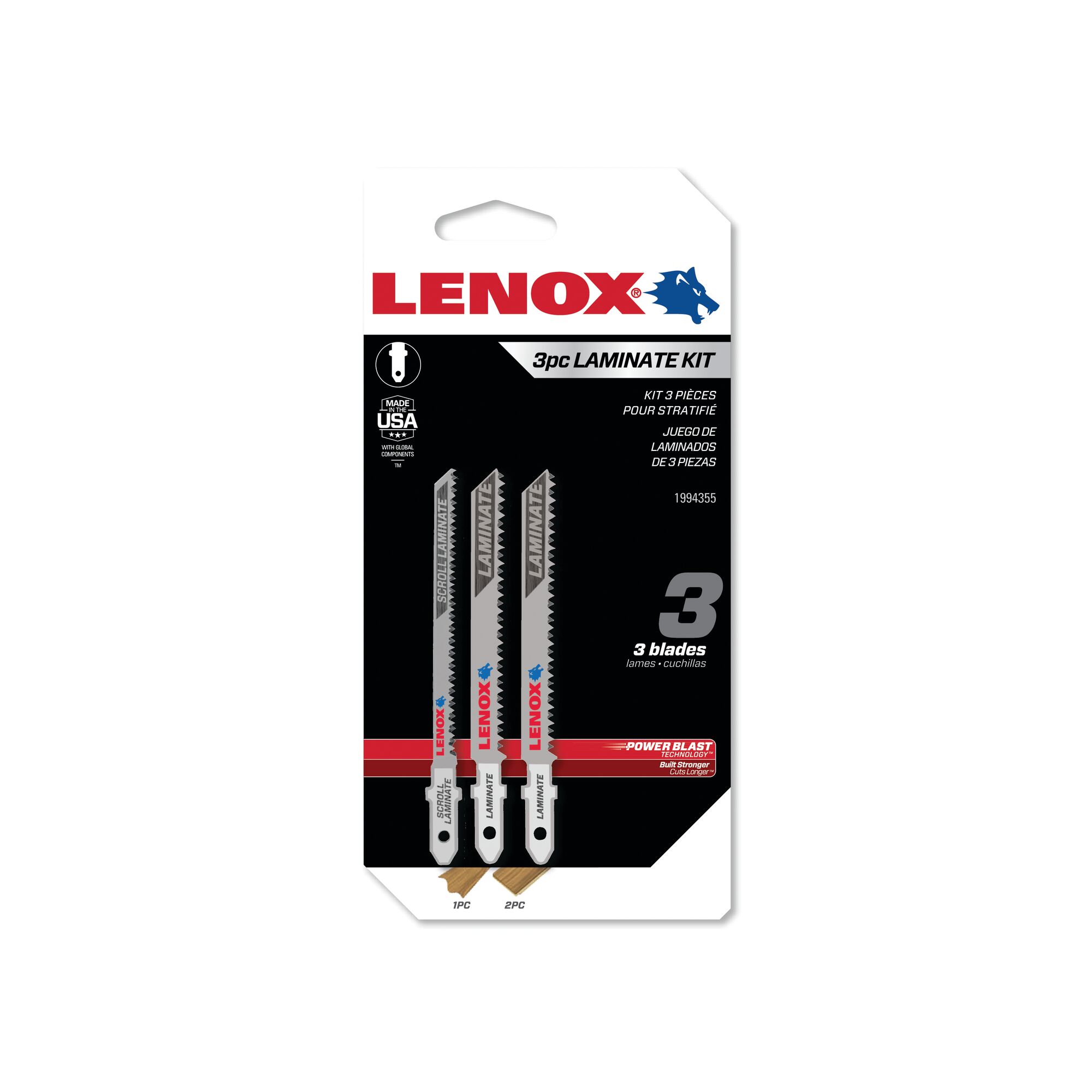 LENOX 狼牌 LE-1994355 3 件式木工線鋸片組（複合板用）白底產品圖，內含 B320TS 窄身鋸片 1 片與 B314LT 鋸片 2 片，共 3 片