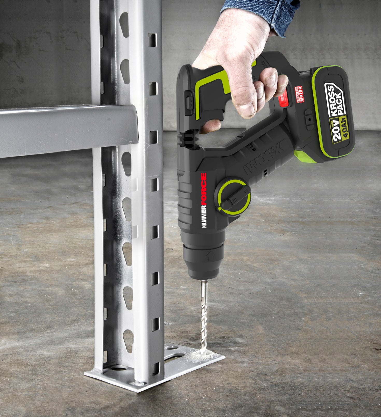 WORX WU380S.9 20V brushless rotary hammer drilling a concrete floor to anchor a steel rack