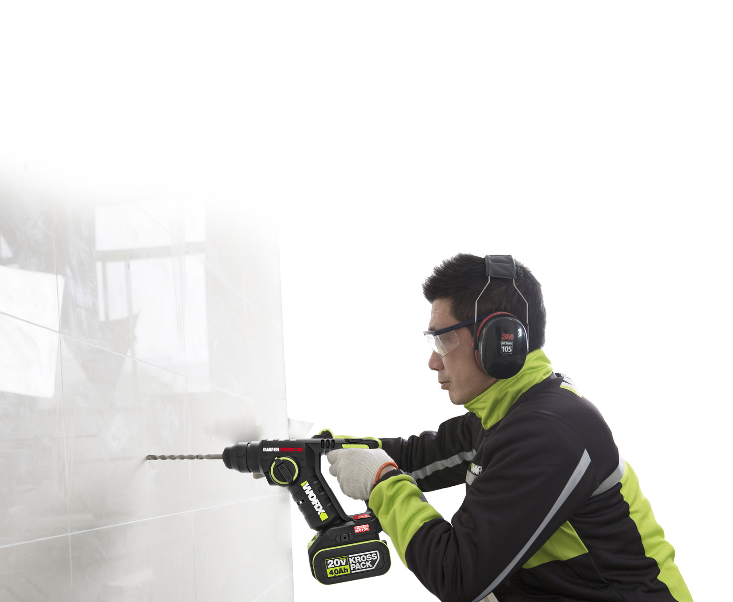 WORX WU380S.9 20V brushless rotary hammer drilling into a tiled wall