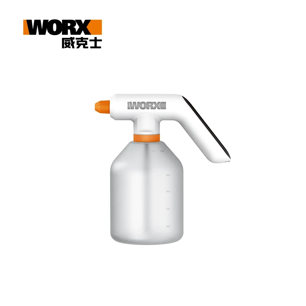 Side view of the WORX WX018 cordless electric sprayer showing the handle switch and 1000 ml graduated tank
