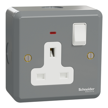 Schneider Electric ESMT15DN 13A double-pole switched socket with neon, front angle