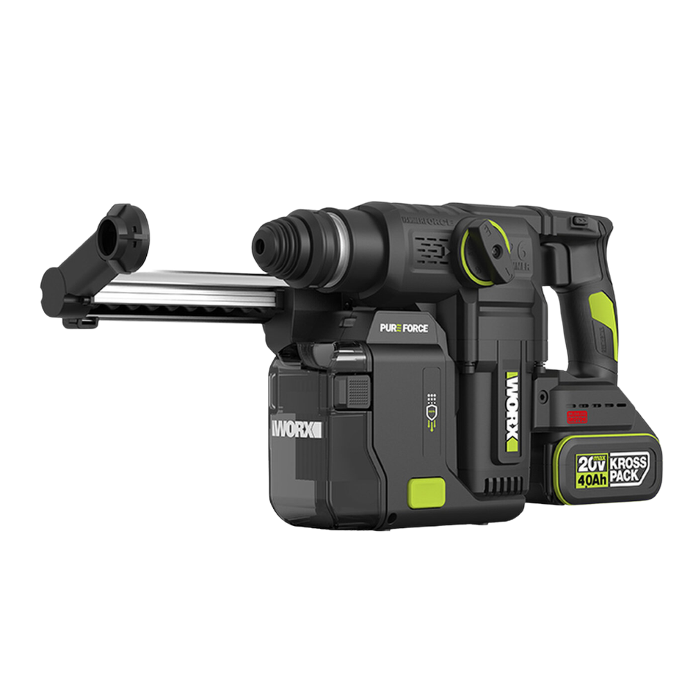 WORX WU391T rotary hammer fitted with the optional WA1603 dust box and a 20V battery