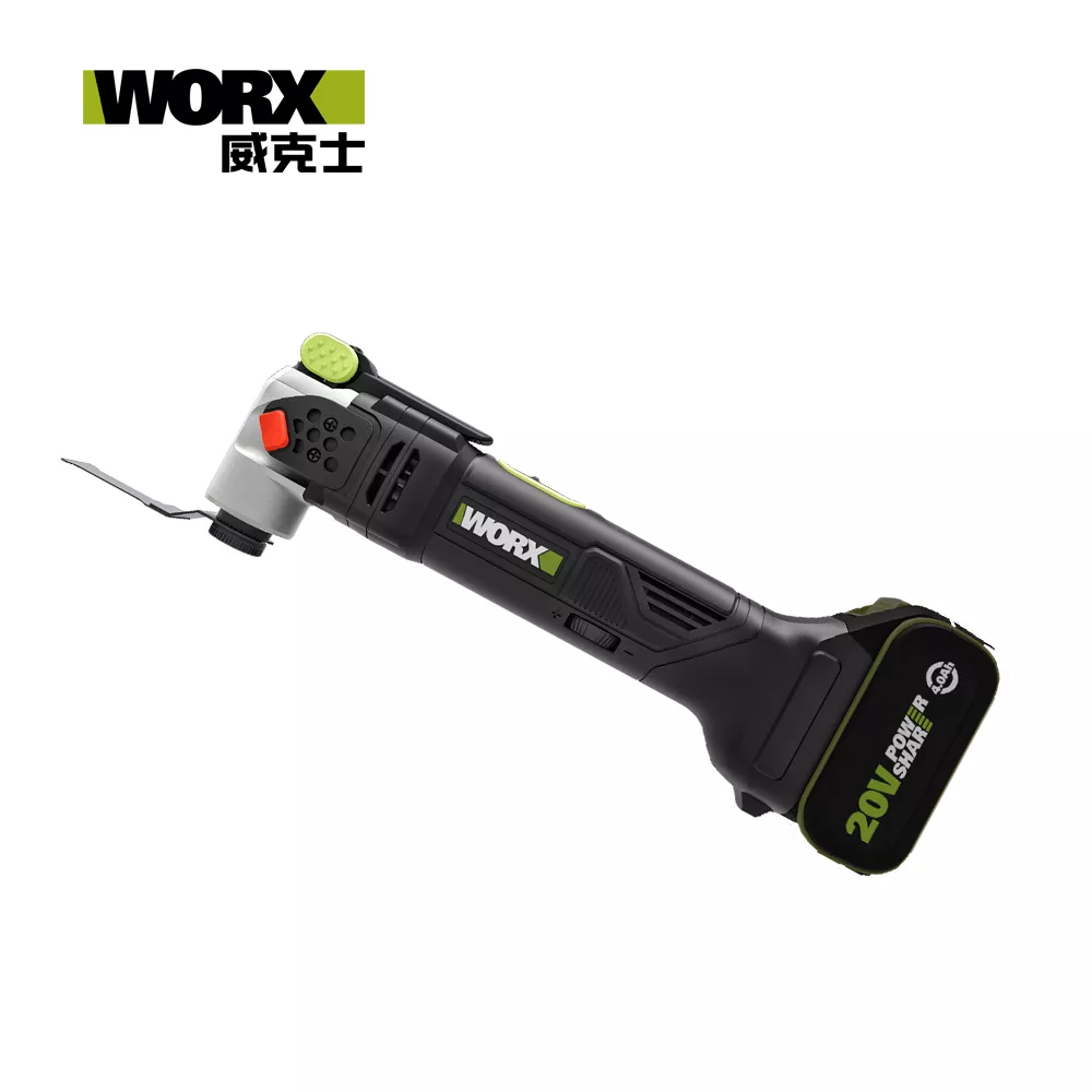 WORX WU690.9 20V brushless oscillating multi-tool, angled view showing the six-speed dial and tool-free clamping lever (battery and blade shown are sold separately)