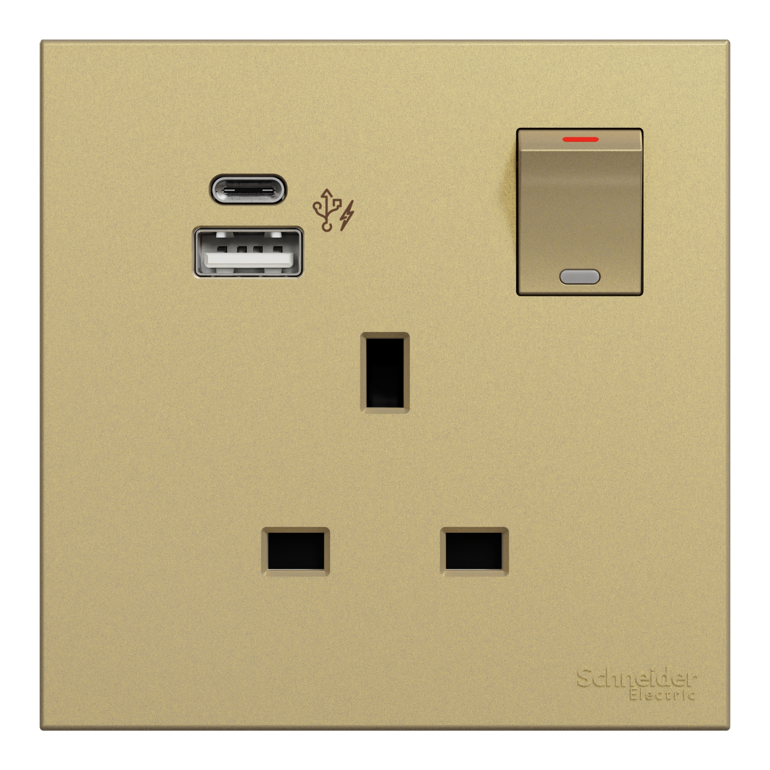 Schneider 施耐德 AvatarOn C 奐然 13A 單位連保護門有掣雙極插座連兩位USB快速充電插座 Type A+C(沉醉金)