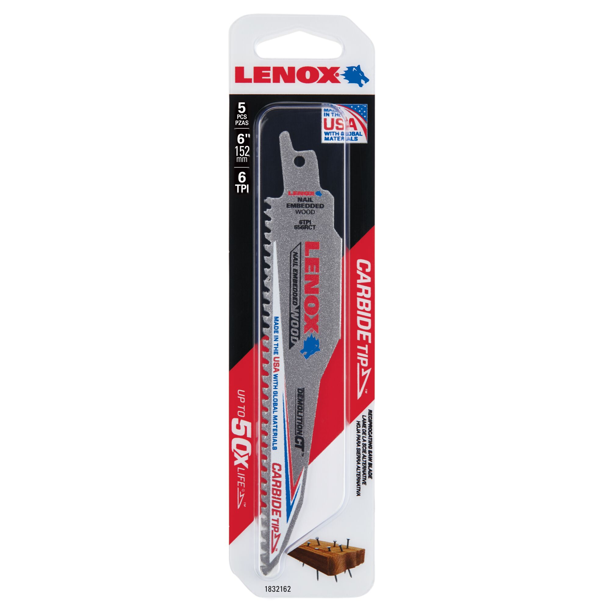 LENOX 狼牌 LE-1832162 碳化鎢鋼軍刀鋸片 152mm 6TPI 原廠 5 片裝吊卡包裝