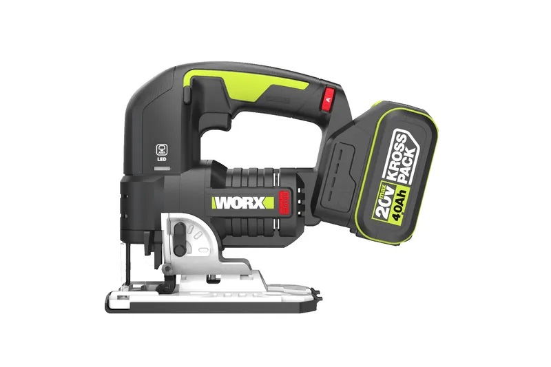 WORX WU550.1 20V brushless jigsaw fitted with a 4.0Ah lithium battery, side view