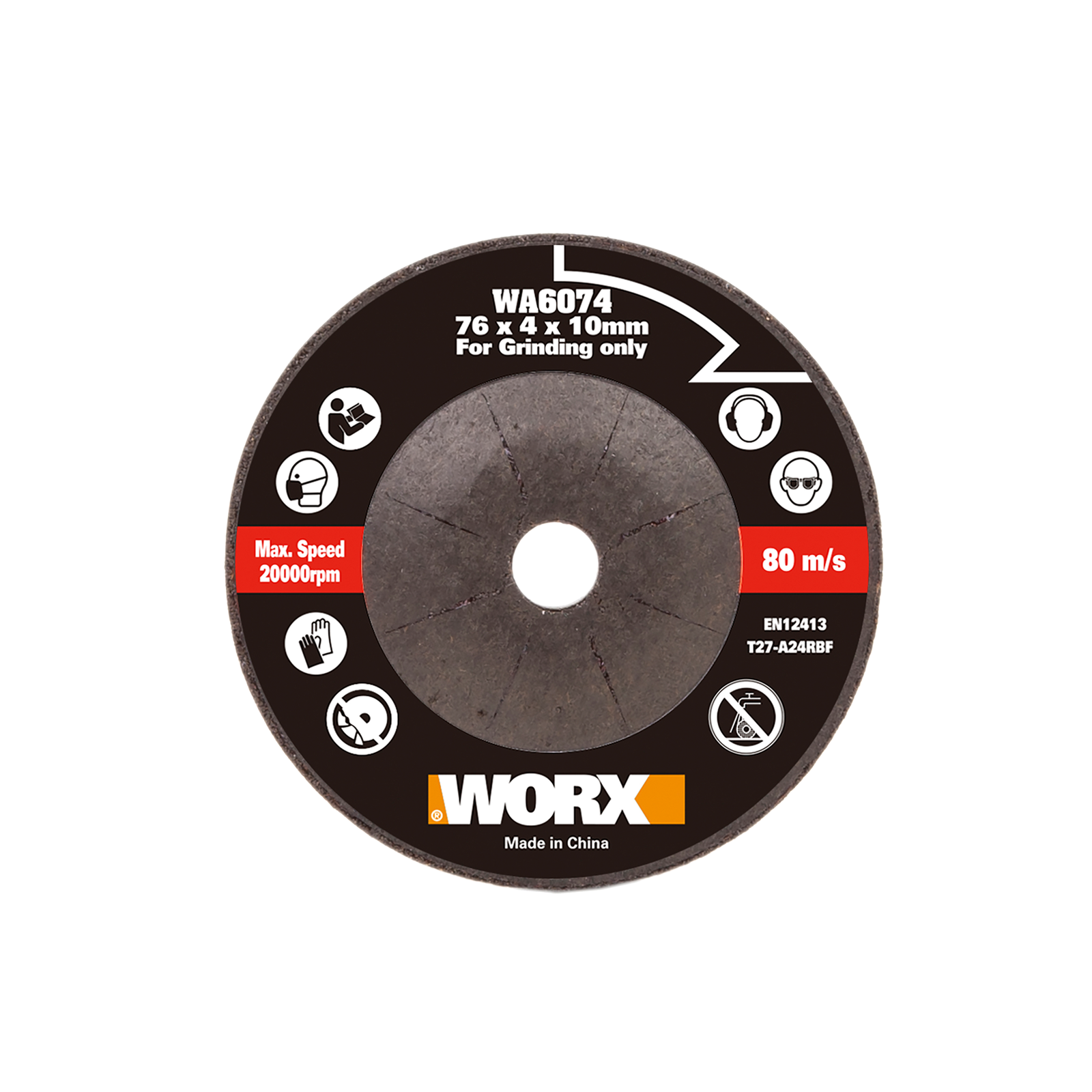 WORX 威克士 WA6074 76mm 砂輪磨碟正面，標示 76x4x10mm、最高轉速 20000rpm 及研磨專用