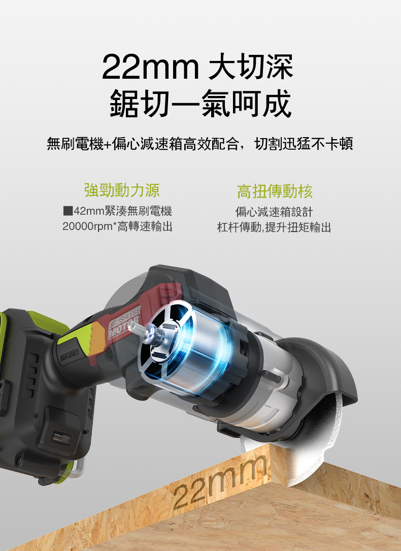 WORX WU802 brushless motor with eccentric gearbox, 22mm maximum cutting depth