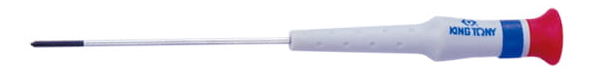 Representative KING TONY 1431-series long slim-shank Phillips screwdriver with white handle, blue ring and red end cap; not an exact-size photograph. Model 14312003 is PH00 × 75 mm with a 2.0 mm shank, sold individually.