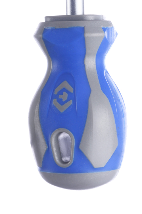 KING TONY 14226514 blue and grey PP and TPR stubby handle and hanging-hole close-up