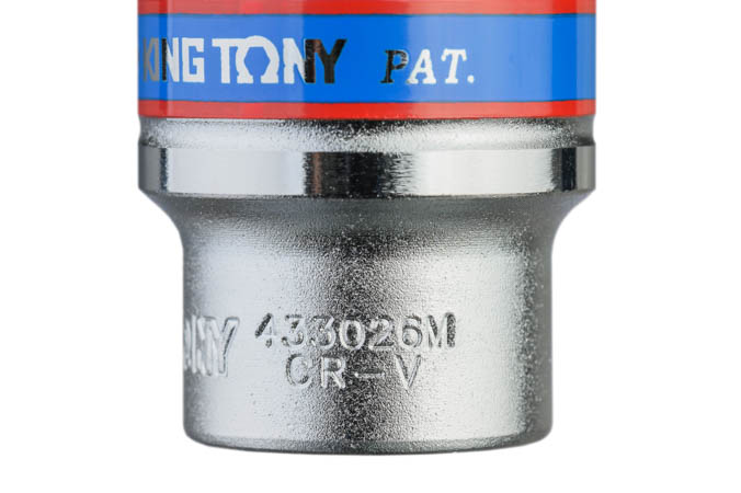 KING TONY 26 mm 十二角標準套筒通路示意；細節刻字 433026M、CR-V；本款 1/2 吋驅動，單顆販售