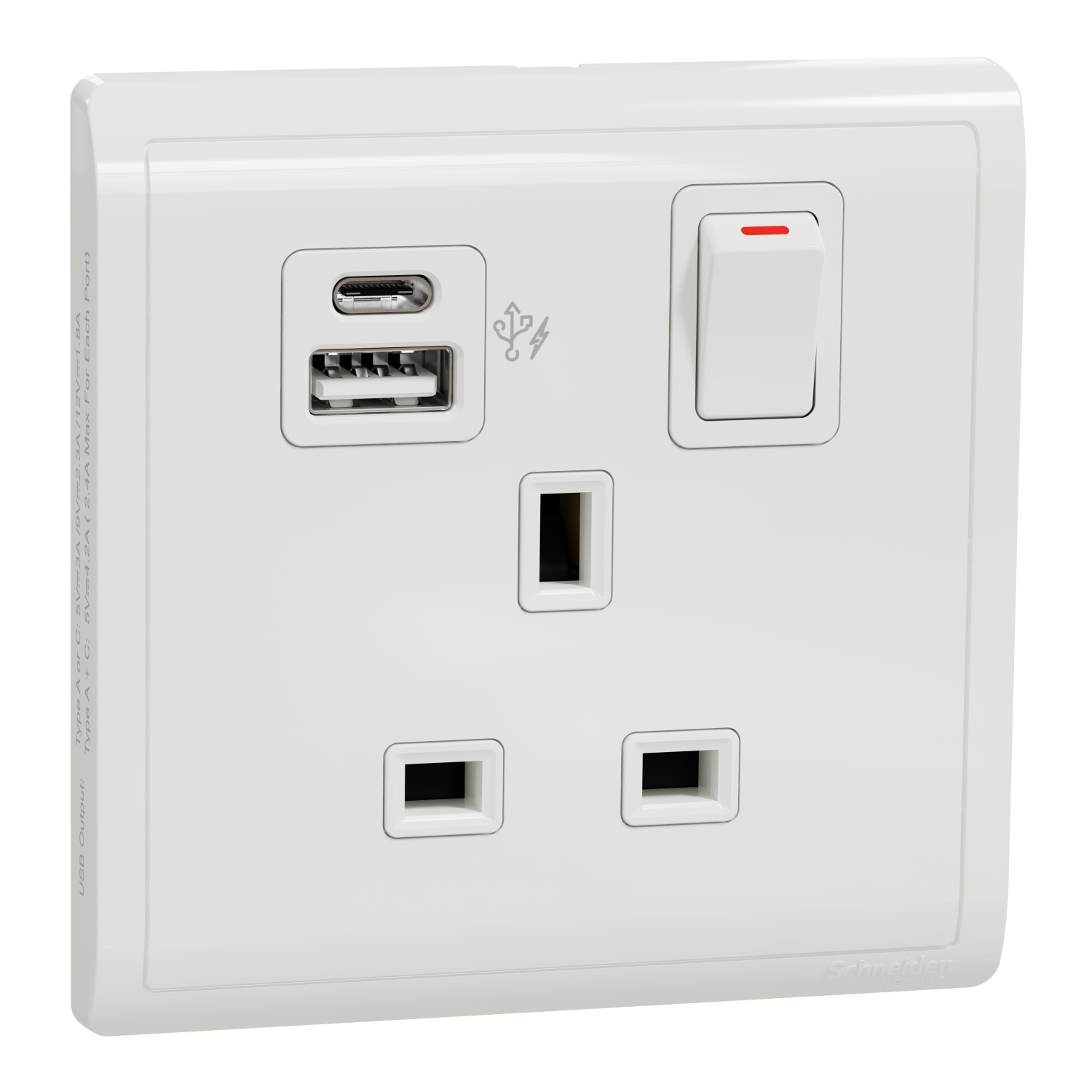 Schneider 施耐德 Pieno 丰尚 13A 單位連保護門有掣雙極插座連兩位USB快速充電插座 Type A+C(白)E8215DACUSB_WE