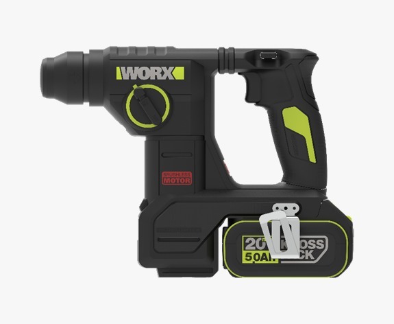 WORX WU384 20V brushless rotary hammer side view with 20V 5.0Ah battery
