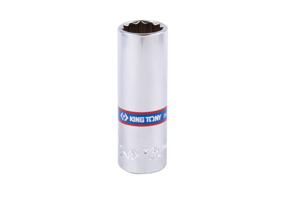 圖為 KING TONY 2230M 系列原廠代表圖片,工具上的型號或尺寸刻字可能不是本款,並非 223004M 的專屬實拍。本商品實際規格為 4 mm、1/4 吋(二分)十二角長套筒,販售單位為顆,一顆包含一個套筒。