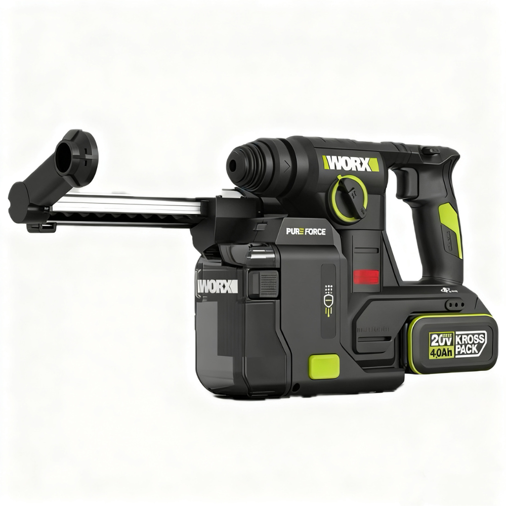 WORX WU384 20V brushless rotary hammer fitted with the WA1603 integrated dust box (dust box and battery sold separately)
