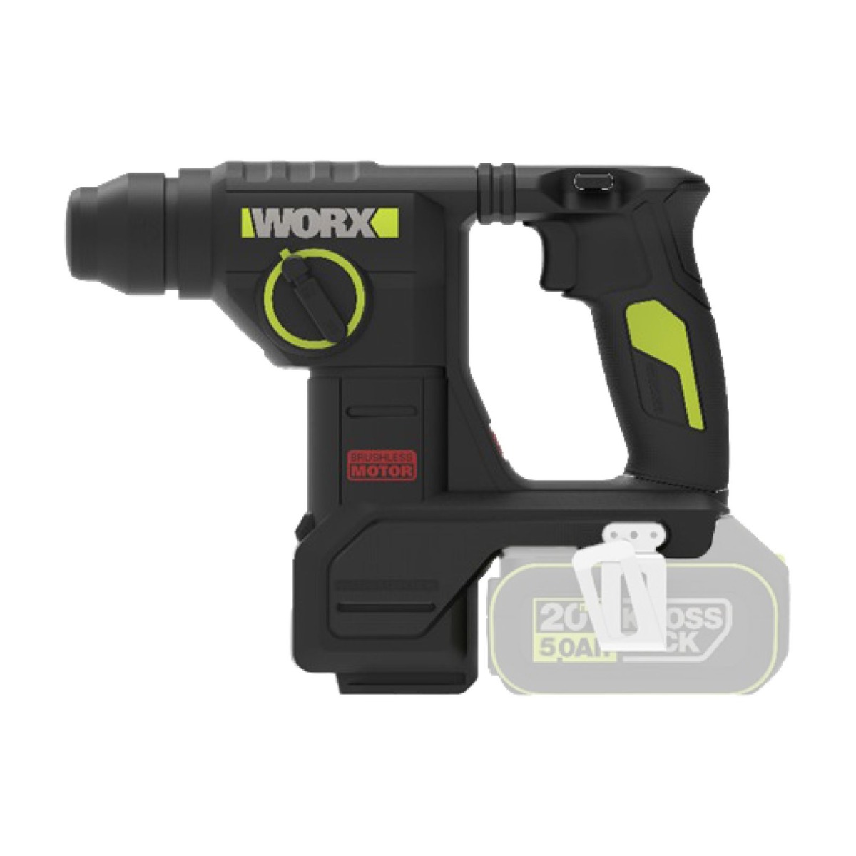 WORX WU384.9 20V brushless rotary hammer bare tool, side view with the battery position shown greyed out