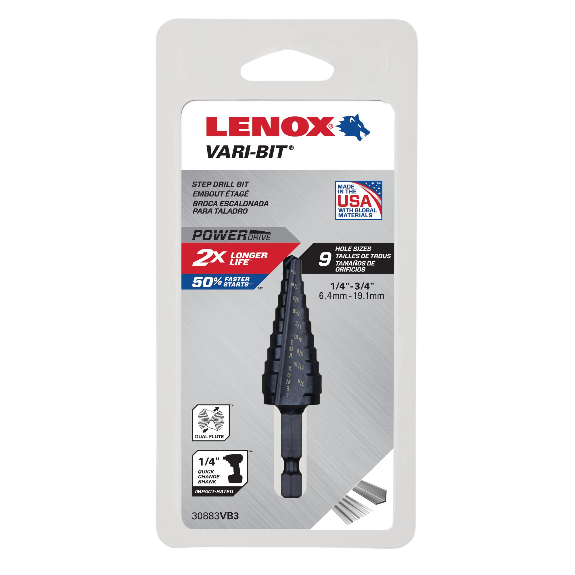 LENOX 狼牌 LE-30883VB3 VARI-BIT 階梯鑽原廠吊卡包裝圖