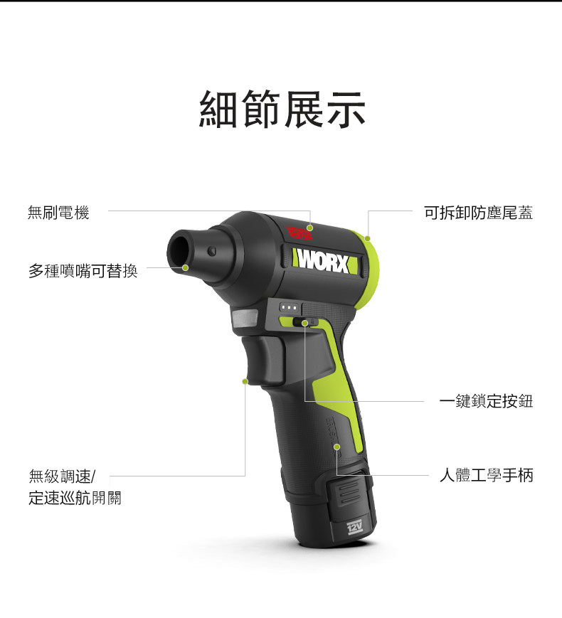 WORX WU094 12V brushless air blower detail view: brushless motor, interchangeable nozzles, variable speed and cruise lock switch, ergonomic grip