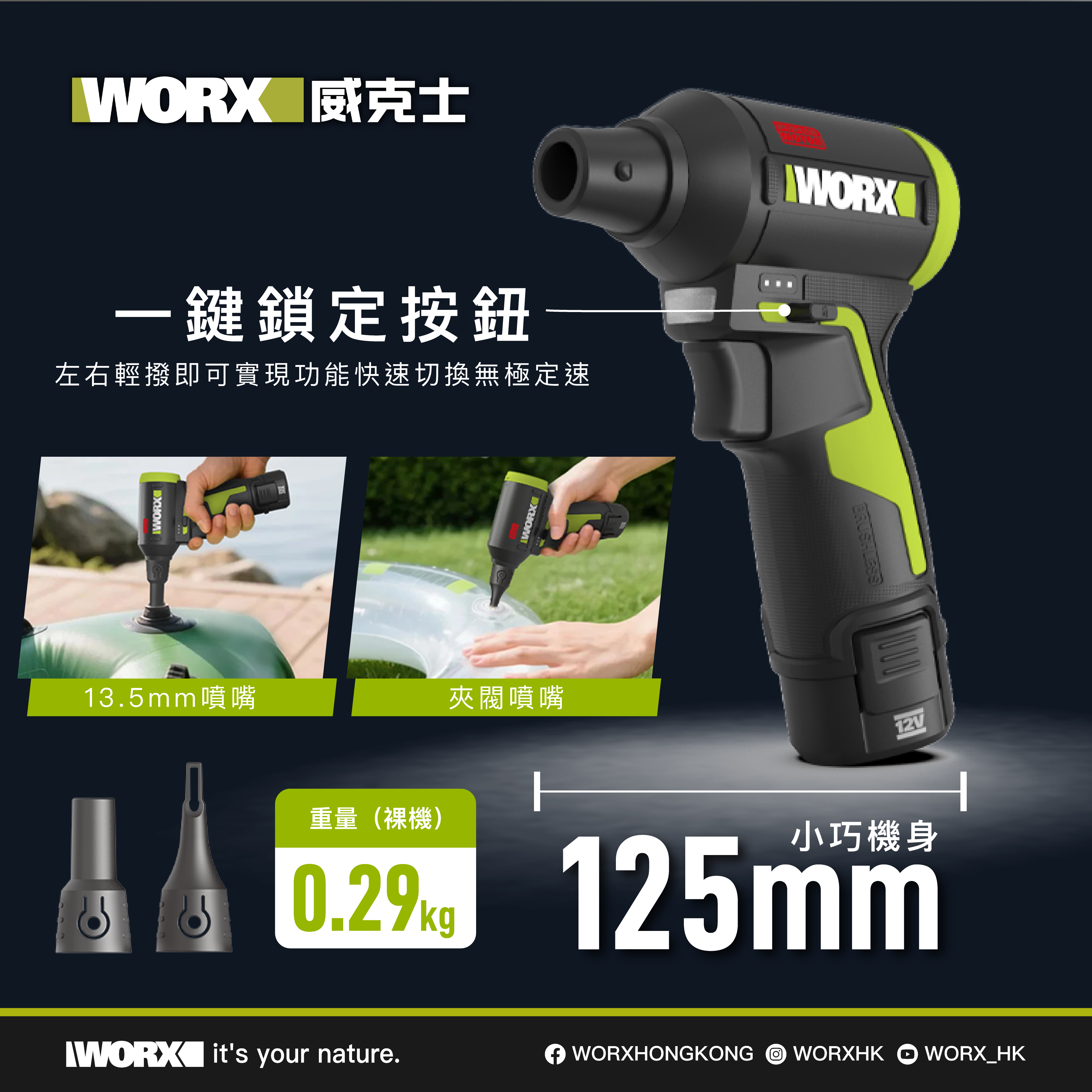 WORX WU094 one-touch lock button, 13.5mm nozzle and clip-valve nozzle, 0.29kg bare-tool weight, 125mm body length