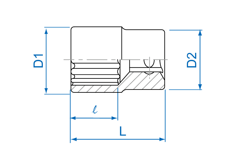 KING TONY 2330S 系列套筒 D1、D2、ℓ、L 尺寸位置示意圖;233008S 的數值請見規格表。