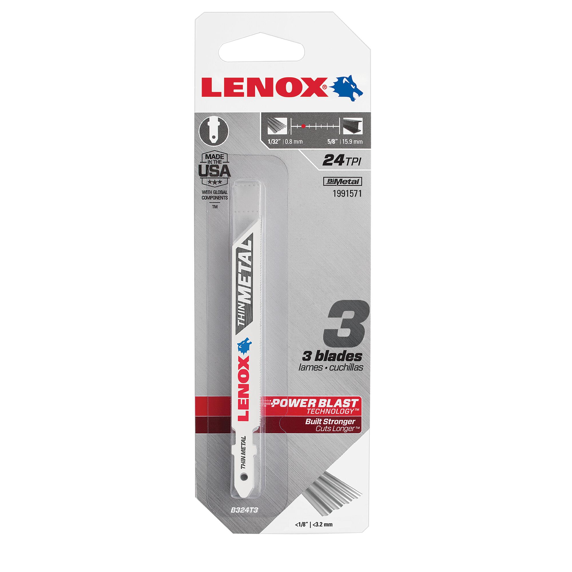 LENOX 狼牌 LE-1991571 金屬切割線鋸片 92mm 24TPI 原廠 3 片裝吊卡包裝,標示 B324T3 與美國製造