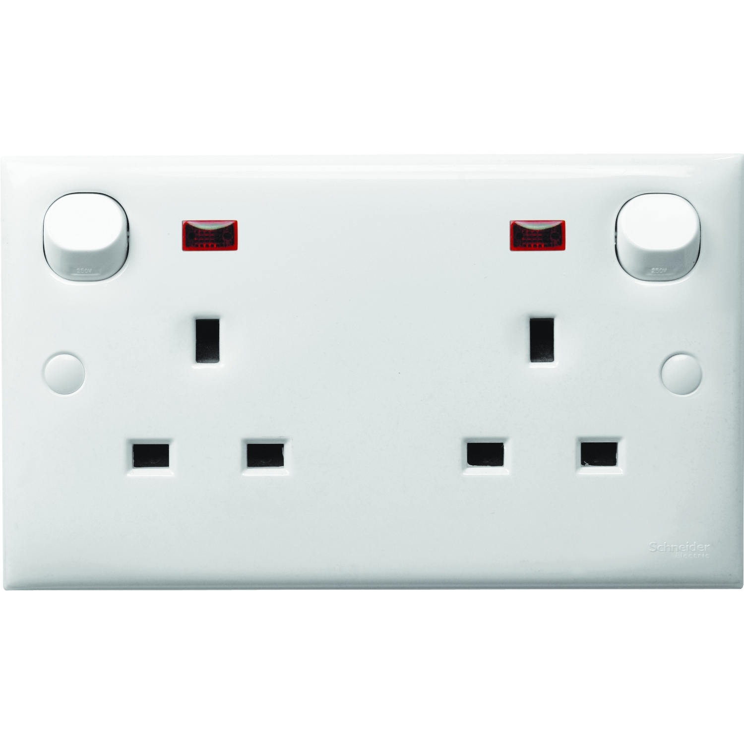 Schneider Electric E25N_WE 白色 13A 兩位連保護門有掣插座連指示燈正面圖