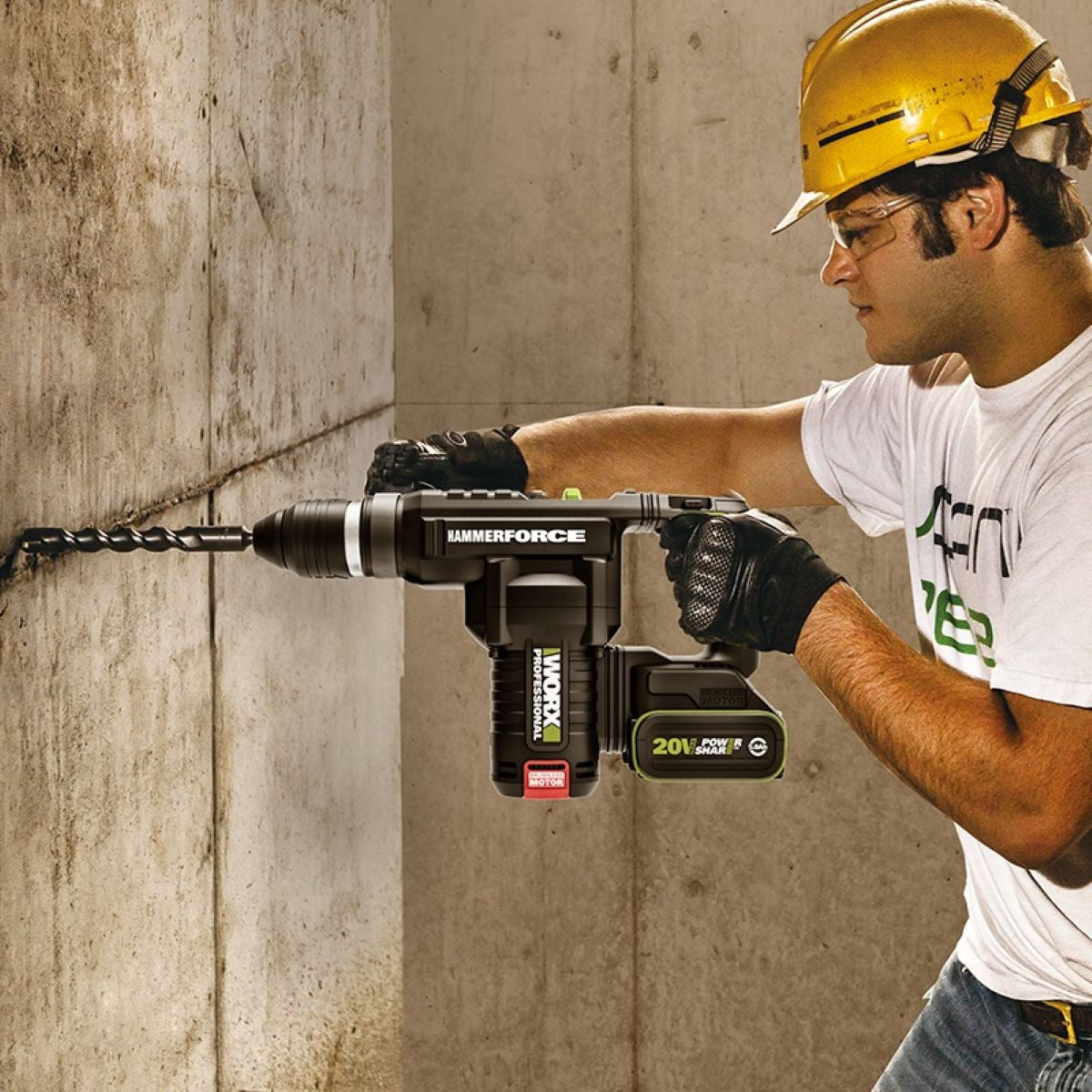 WORX WU399.2 20V brushless cordless rotary hammer drilling into a concrete wall