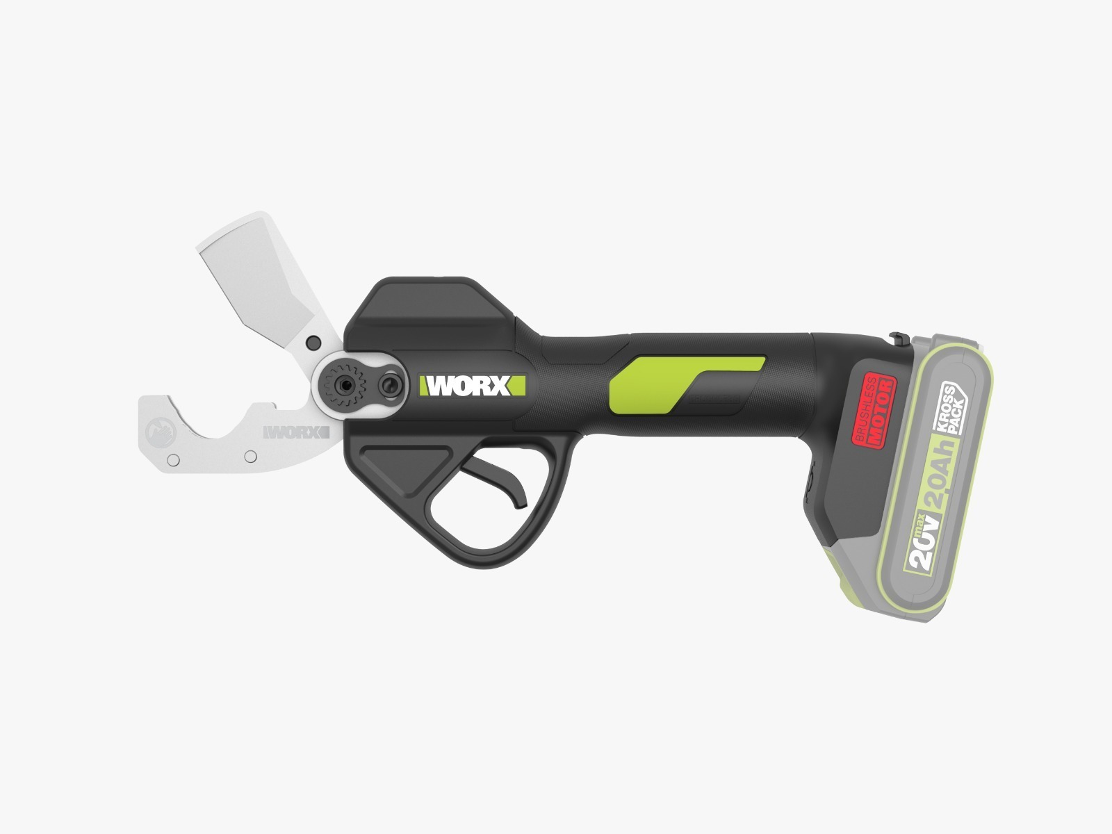 WORX WU571G.9 20V brushless PVC pipe shear side packshot on a plain background (20V battery shown is sold separately; the bare tool includes no battery or charger)