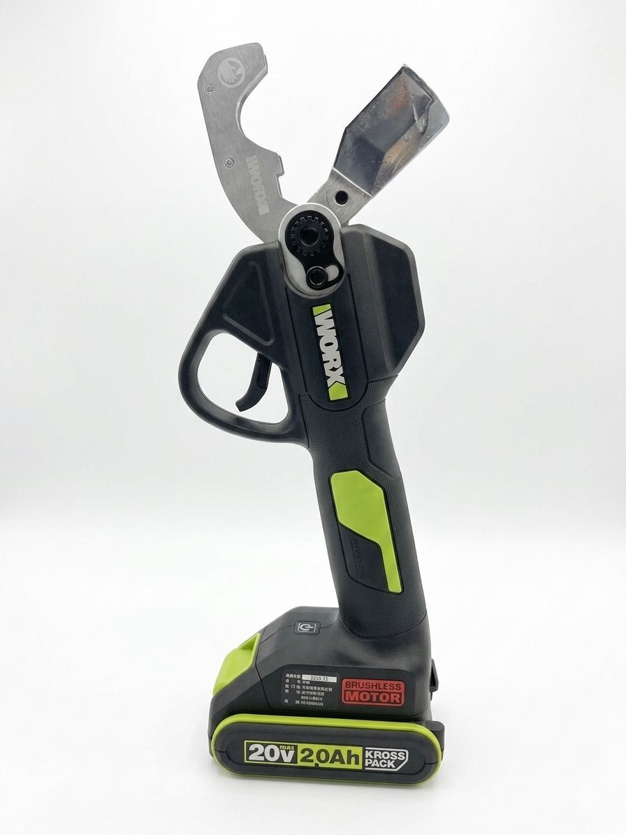 WORX WU571G.9 20V brushless PVC pipe shear front view showing the cutting jaw and overmoulded grip (20V battery shown is sold separately)
