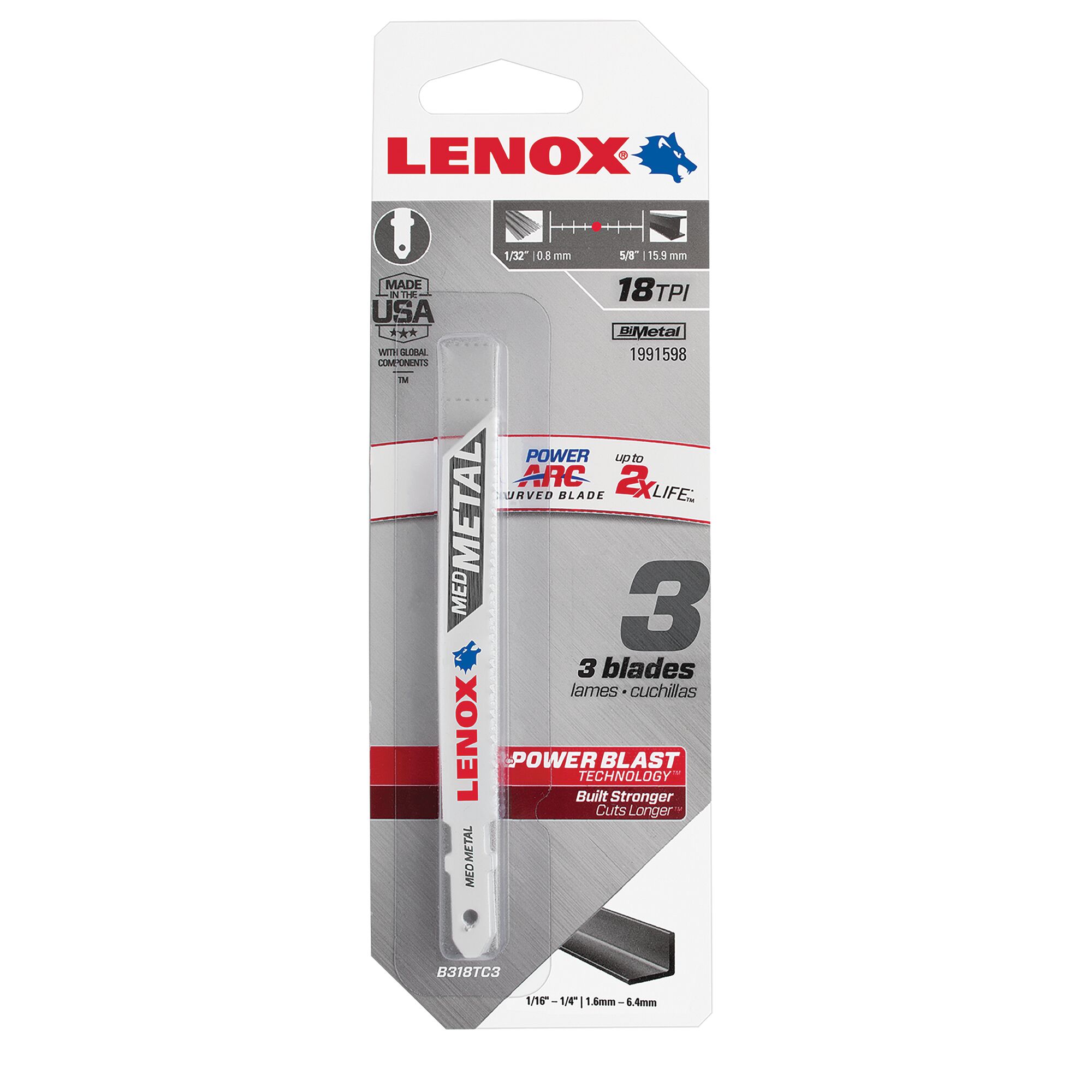 LENOX 狼牌 LE-1991598 Power Arc 弧形金屬線鋸片 3 片卡裝原廠包裝
