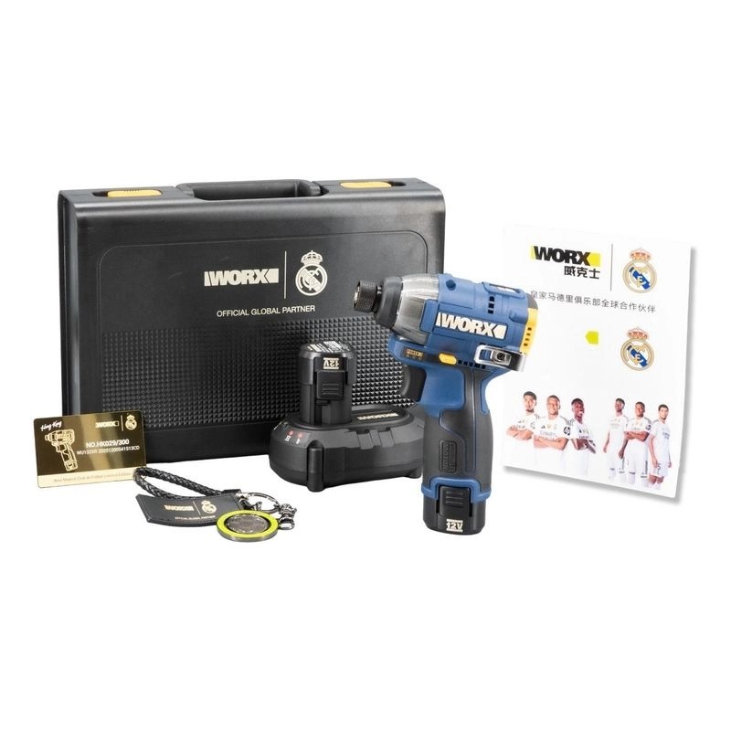 WORX WU132XR 12V brushless impact driver Real Madrid special edition kit with two 2.0Ah batteries, charger, numbered metal plate and carry case