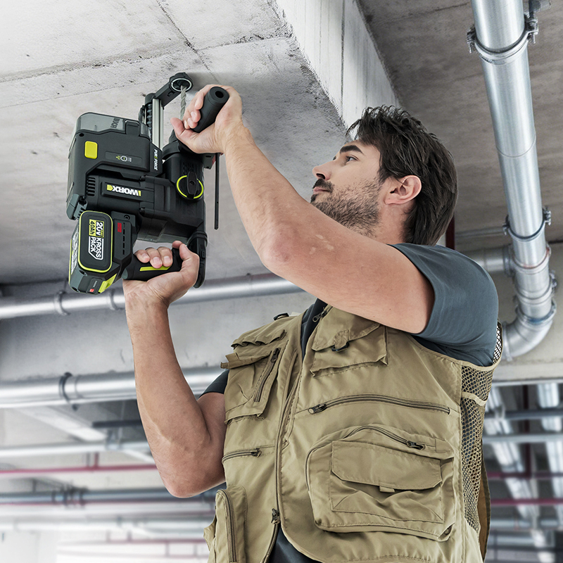 WORX WU391T 20V brushless rotary hammer drilling overhead (the PURE FORCE dust box shown is an optional accessory and is not included)
